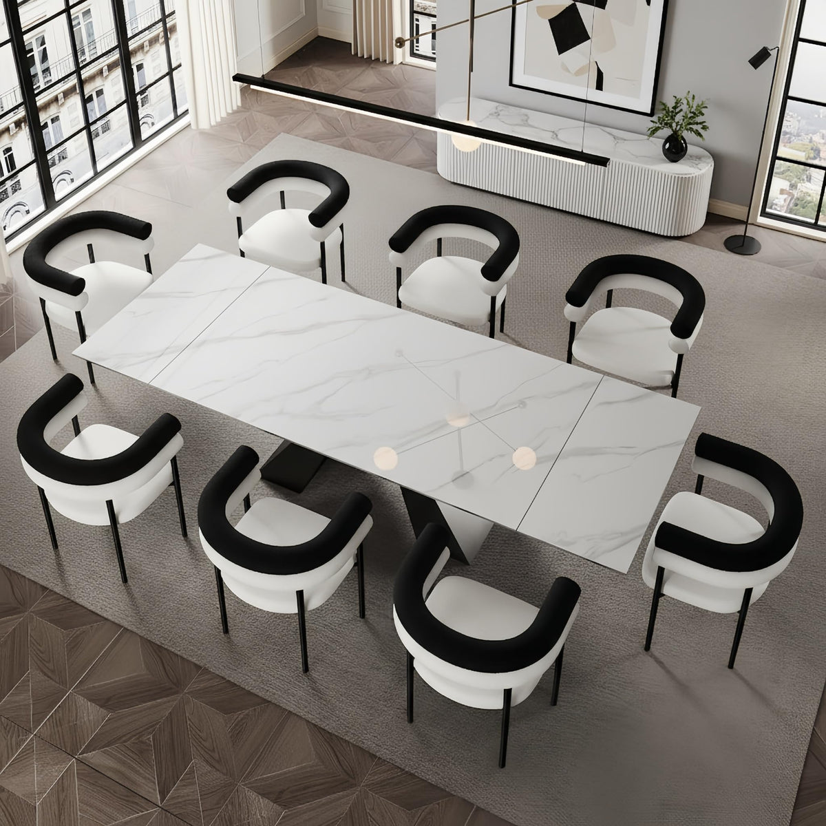 9 Piece Marble Expandable Table Set with 8 Comfy Dining Chairs