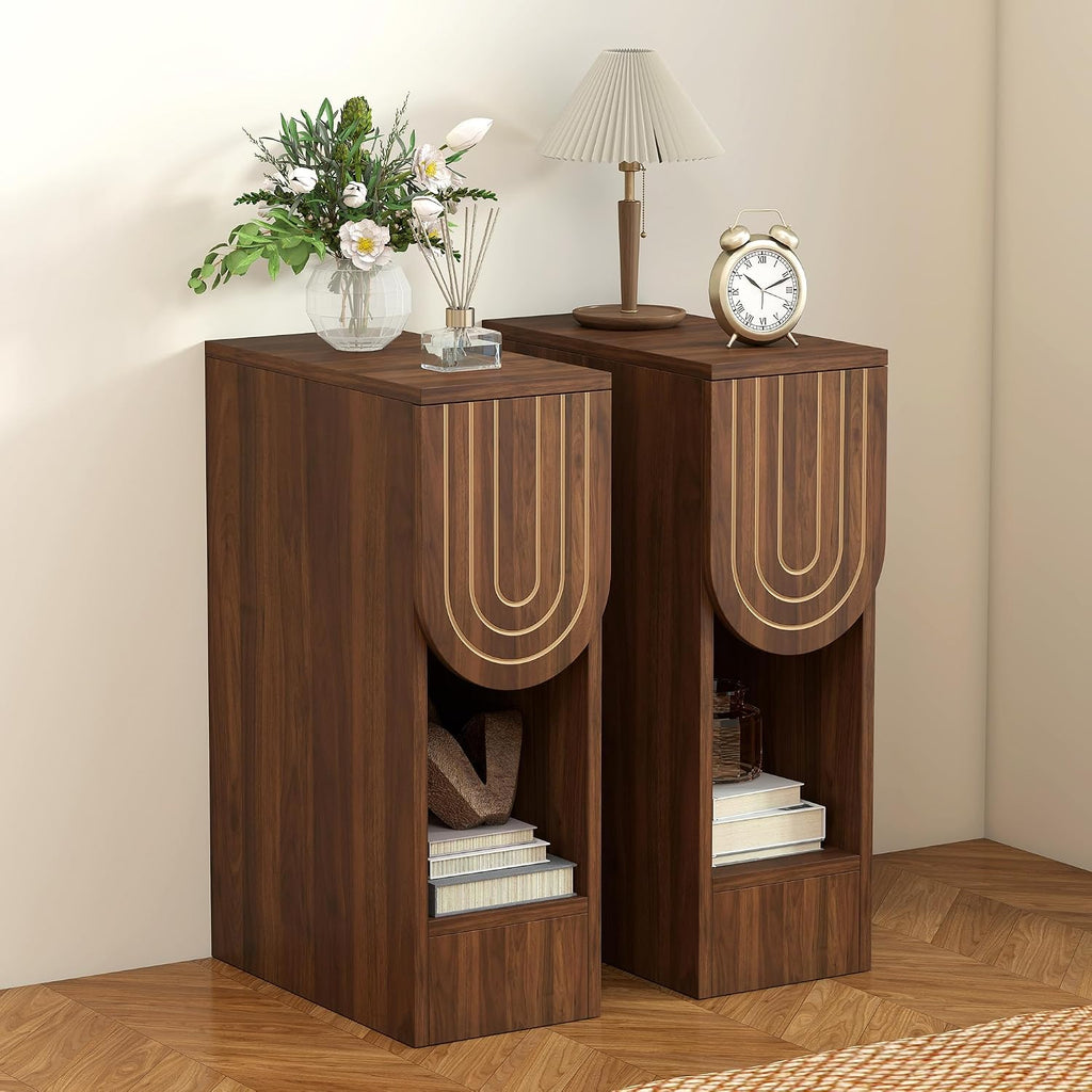 Narrow Carved Wood Nightstands, Set of Two