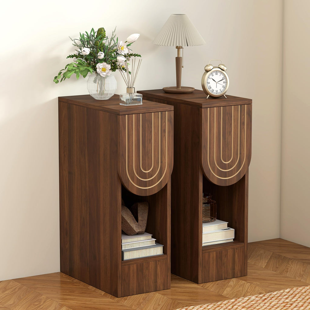 Narrow Carved Wood Nightstands, Set of Two