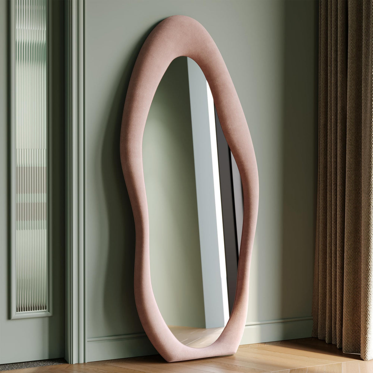 Wavy Full-Length Mirror with Flannel-Wrapped Wood Frame