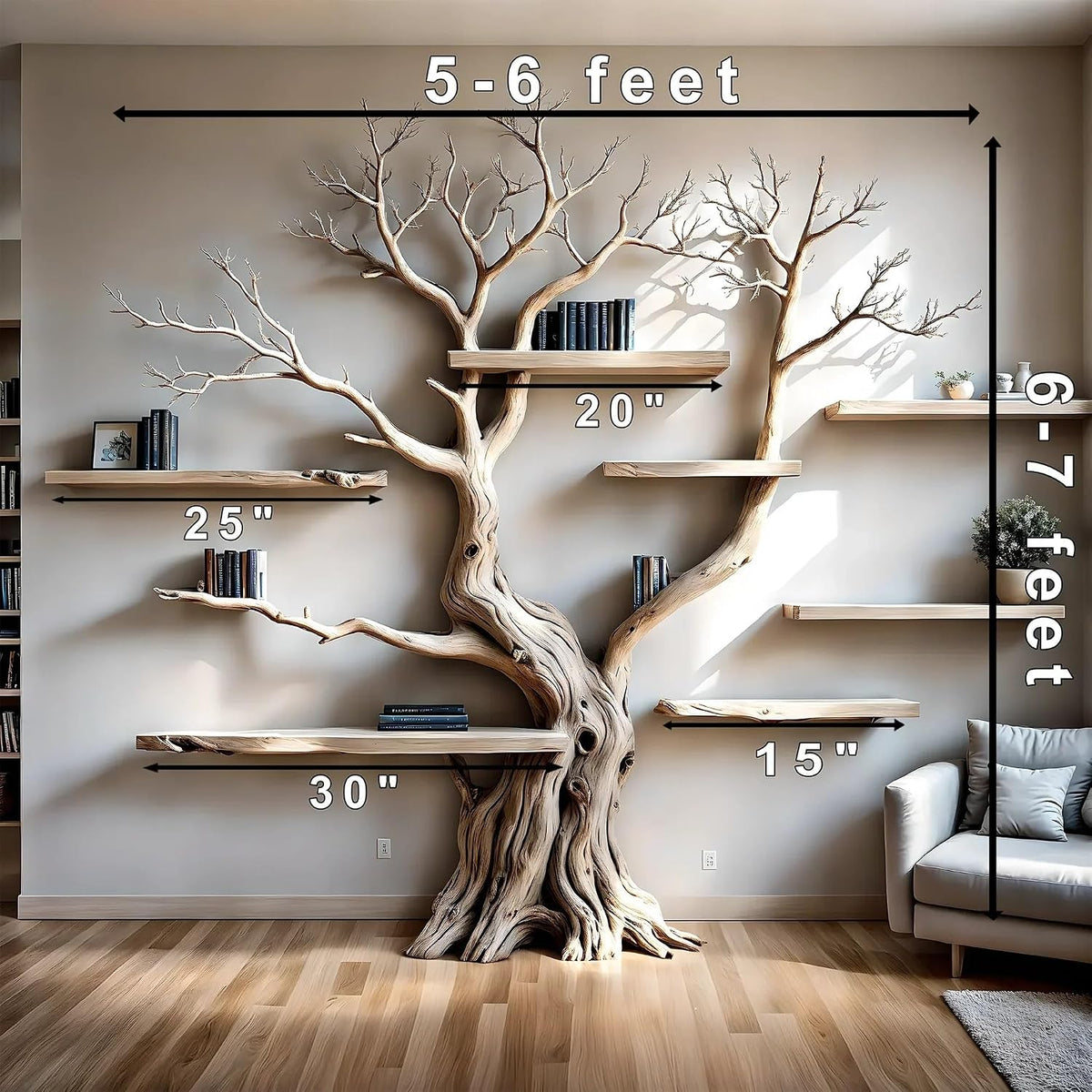 6-Foot Handcrafted Tree Bookshelf with Floating Shelves