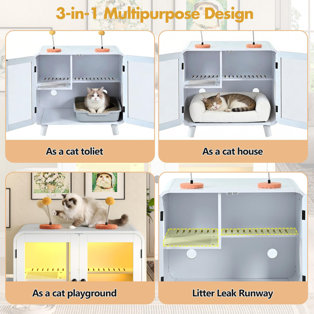39.4 Inch 3-Tier Hidden Litter Box Furniture, Black/Brown