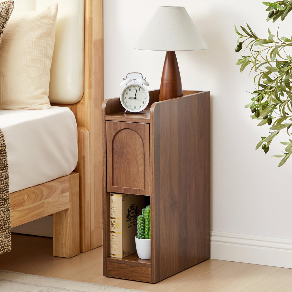 Narrow Carved Wood Nightstands, Set of Two