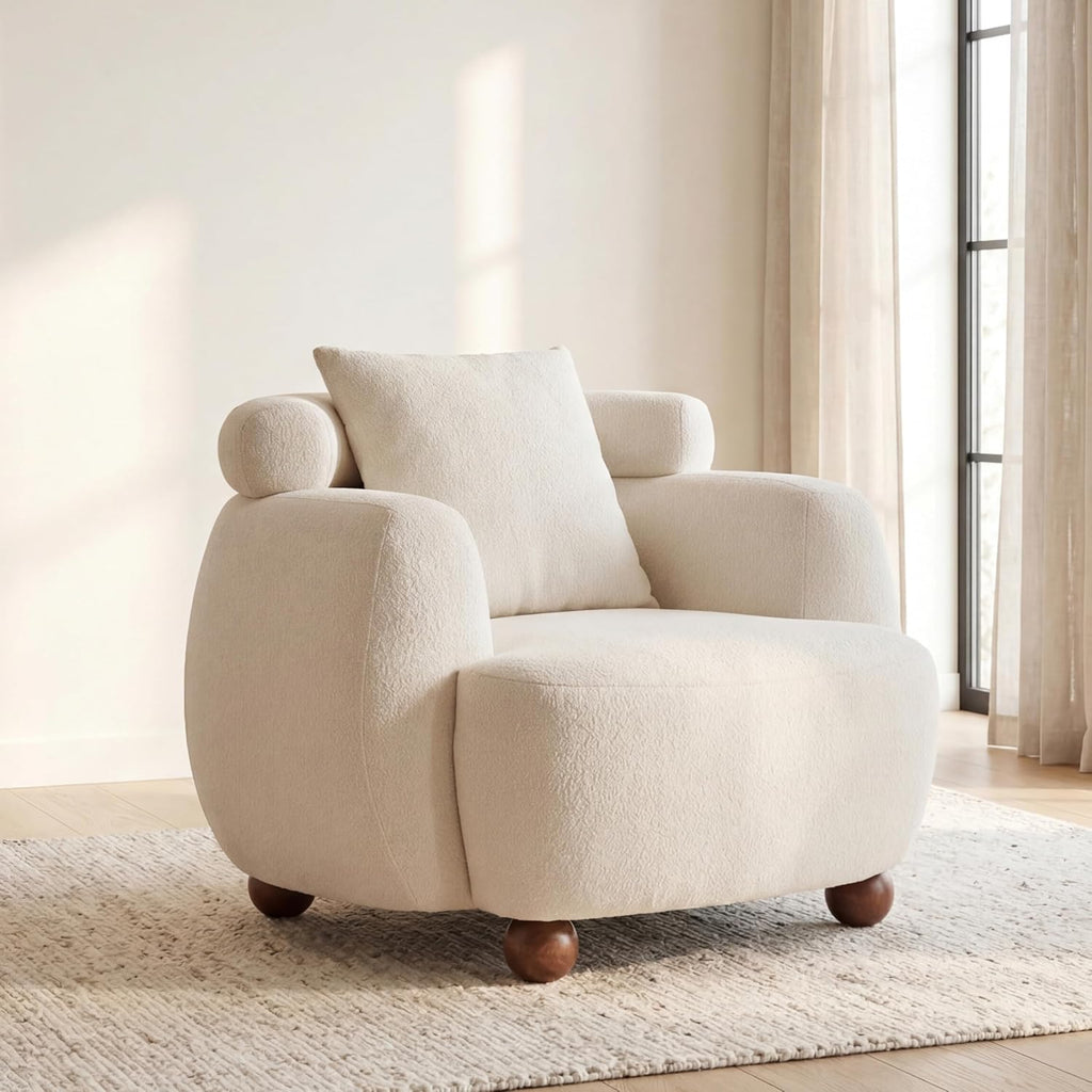 Compact 38in Solid American White Oak Fabric Nordic Style Lazy Chair Pillow for Living Room Home Office Relaxation