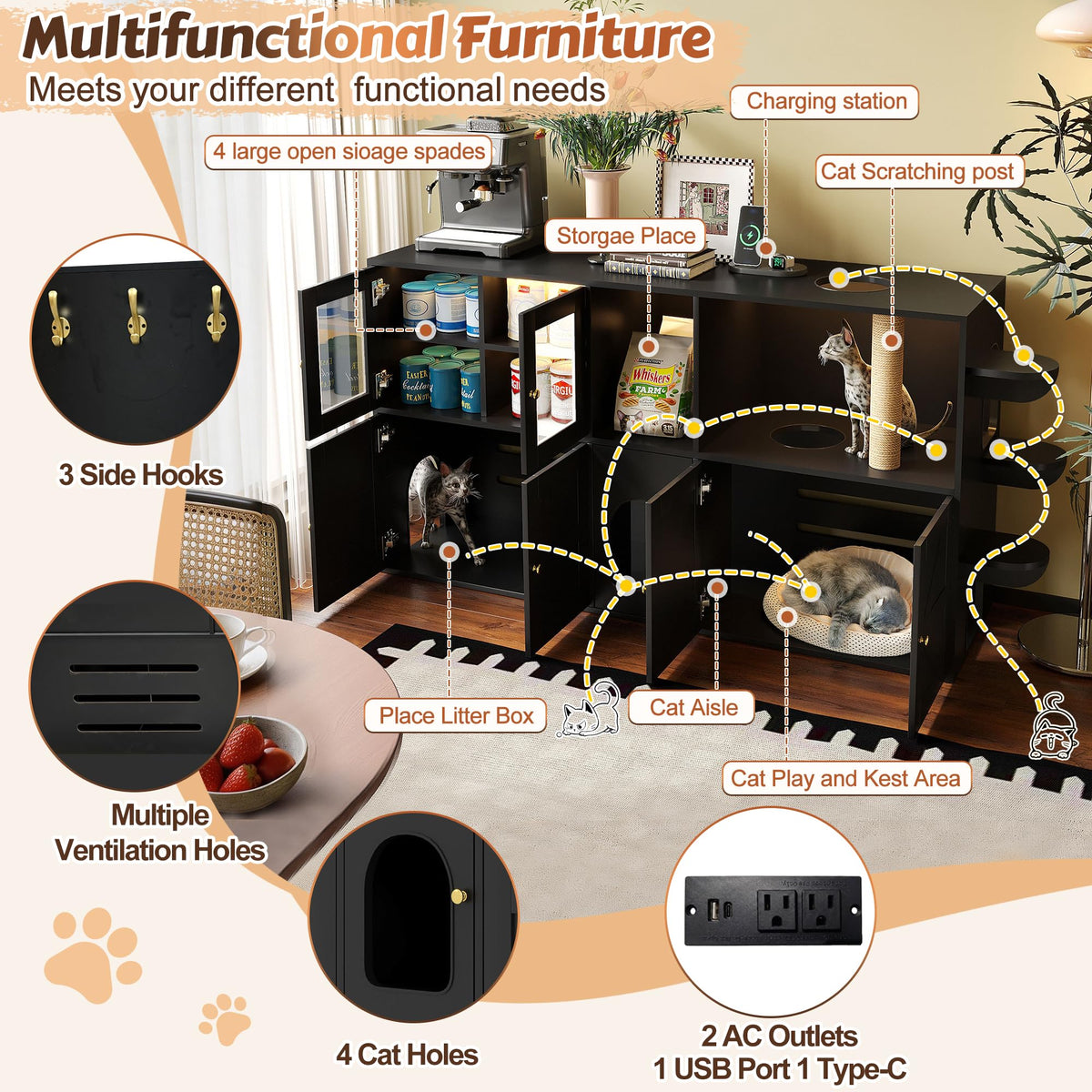 39.4 Inch 3-Tier Hidden Litter Box Furniture, Black/Brown
