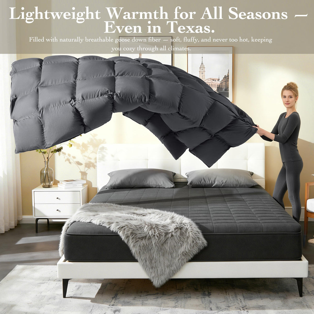 Goose Down Fiber Comforter Queen Size – All Season Naturally Breathable Down