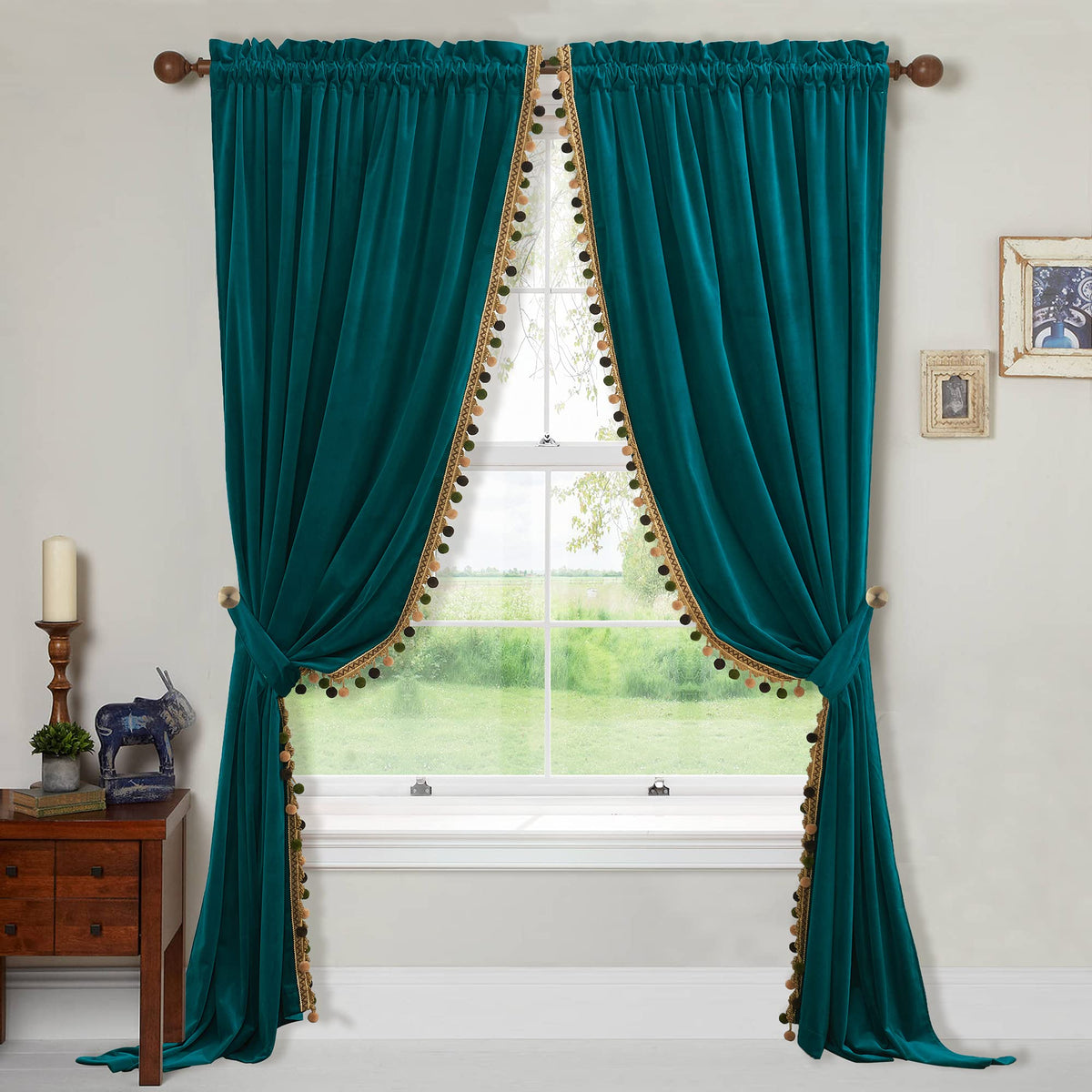 Pom-Pom Velvet Curtain Set with Tiebacks