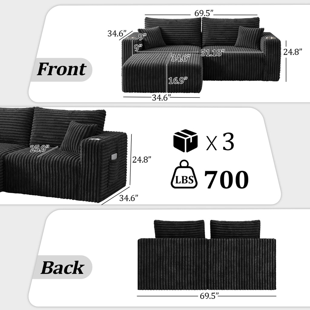 Modular Boneless Loveseat Sectional Cloud Sofa Comfy Deep Seat Corduroy Small Couch