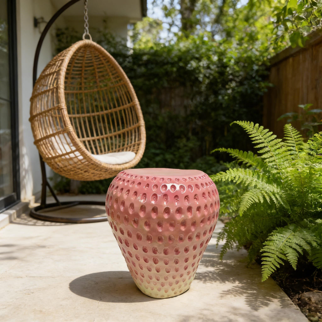 13.4" Cute Pig Side Table w/ Watermelon Top, Resin Plant Stand, Pink+Red