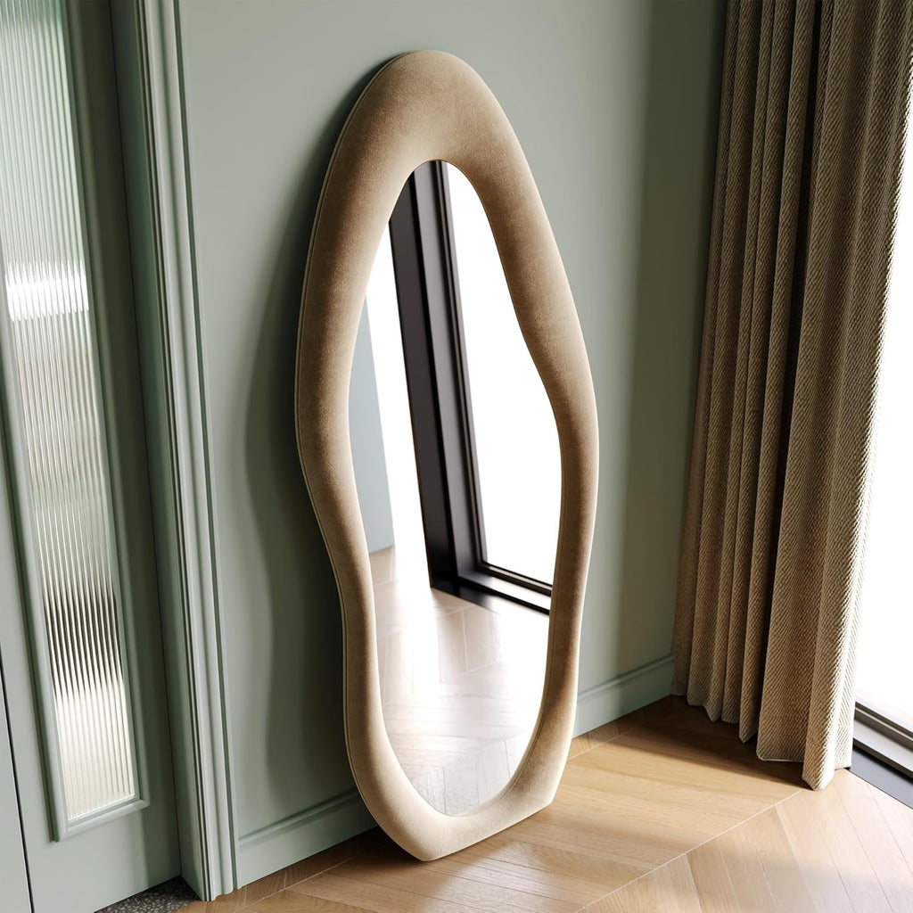 Wavy Full-Length Mirror with Flannel-Wrapped Wood Frame