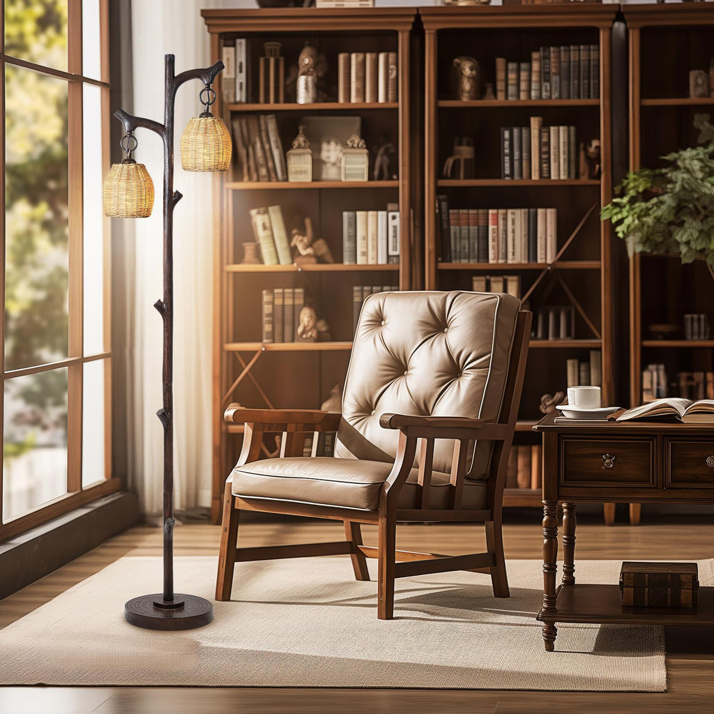 Scenekoy Vintage 68” Tall Resin Floor Lamp with Straw Rope Woven Shade