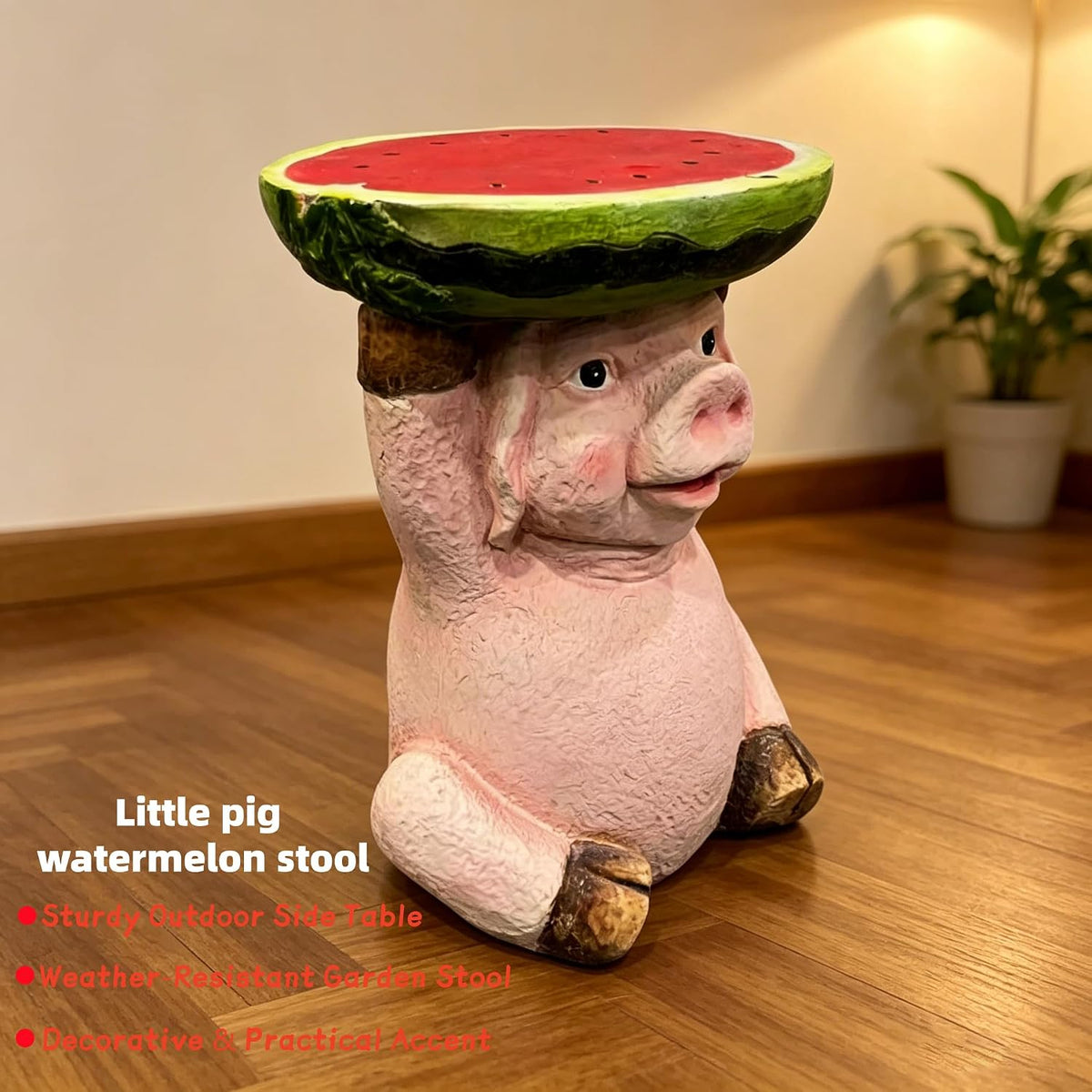 13.4" Cute Pig Side Table w/ Watermelon Top, Resin Plant Stand, Pink+Red