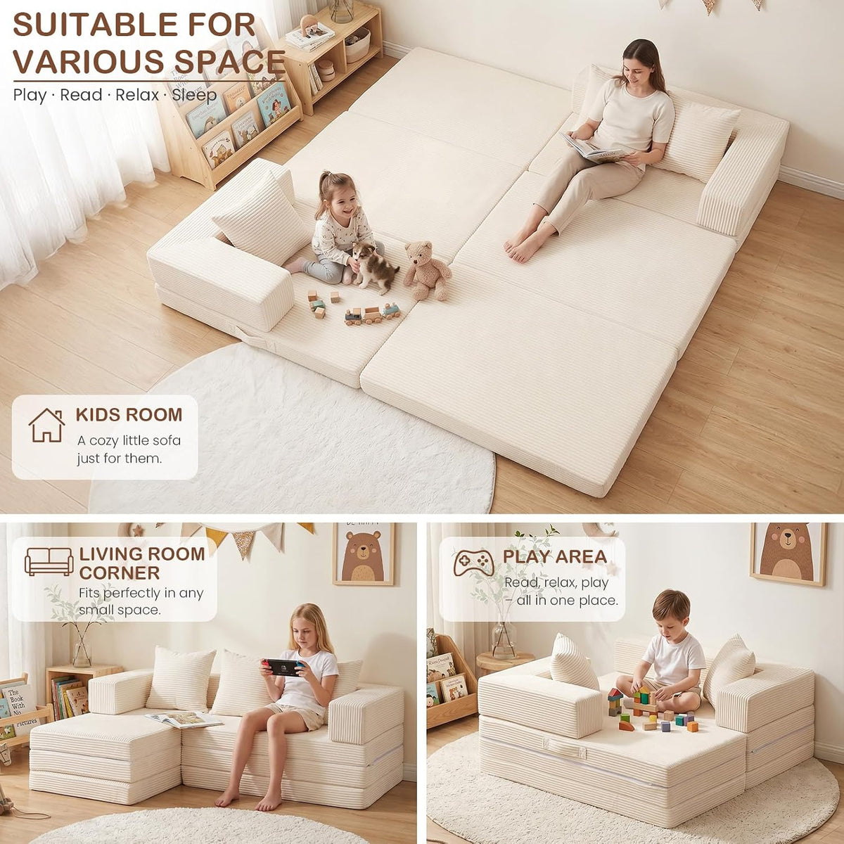 65" Beige L-Shaped Corduroy Sectional Sofa