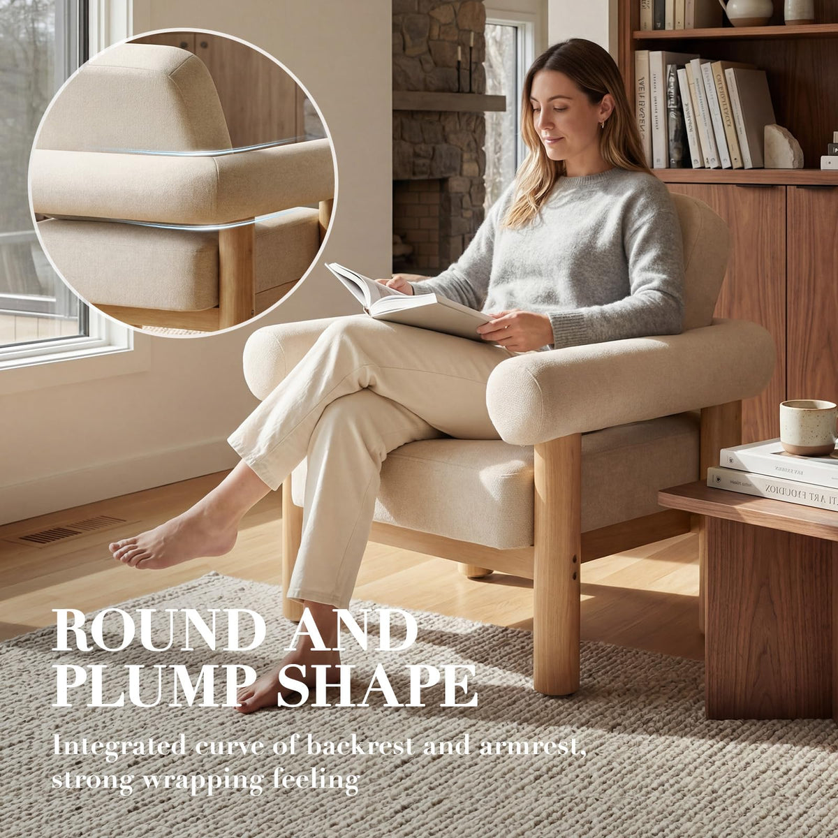HNY Mid-Century Boucle Barrel Chair, Beige