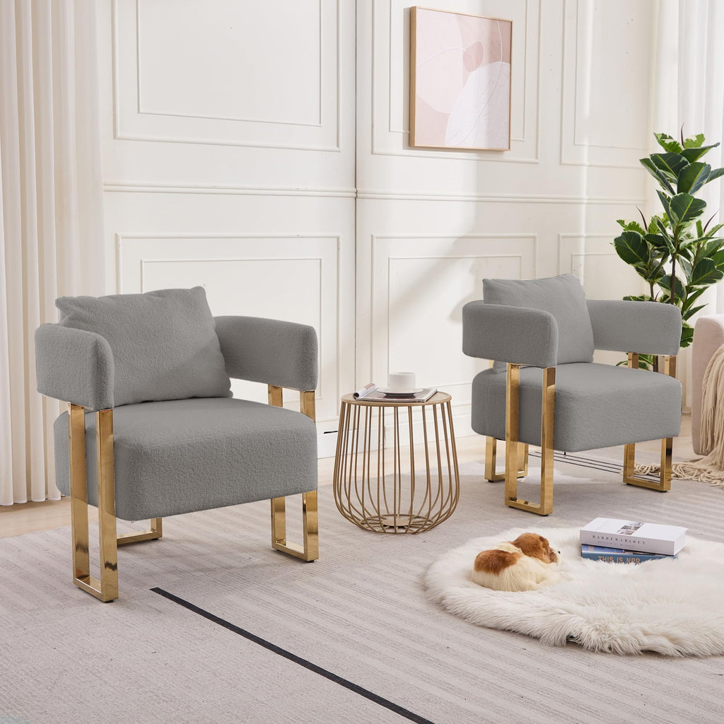Upholstered Barrel Accent Chairs with Gold Legs – Set of 2