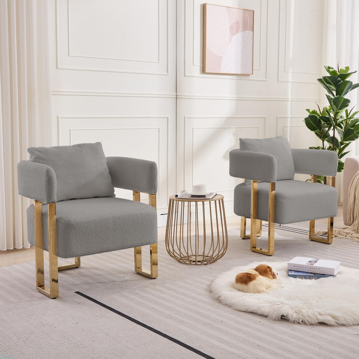 Upholstered Barrel Accent Chairs with Gold Legs – Set of 2