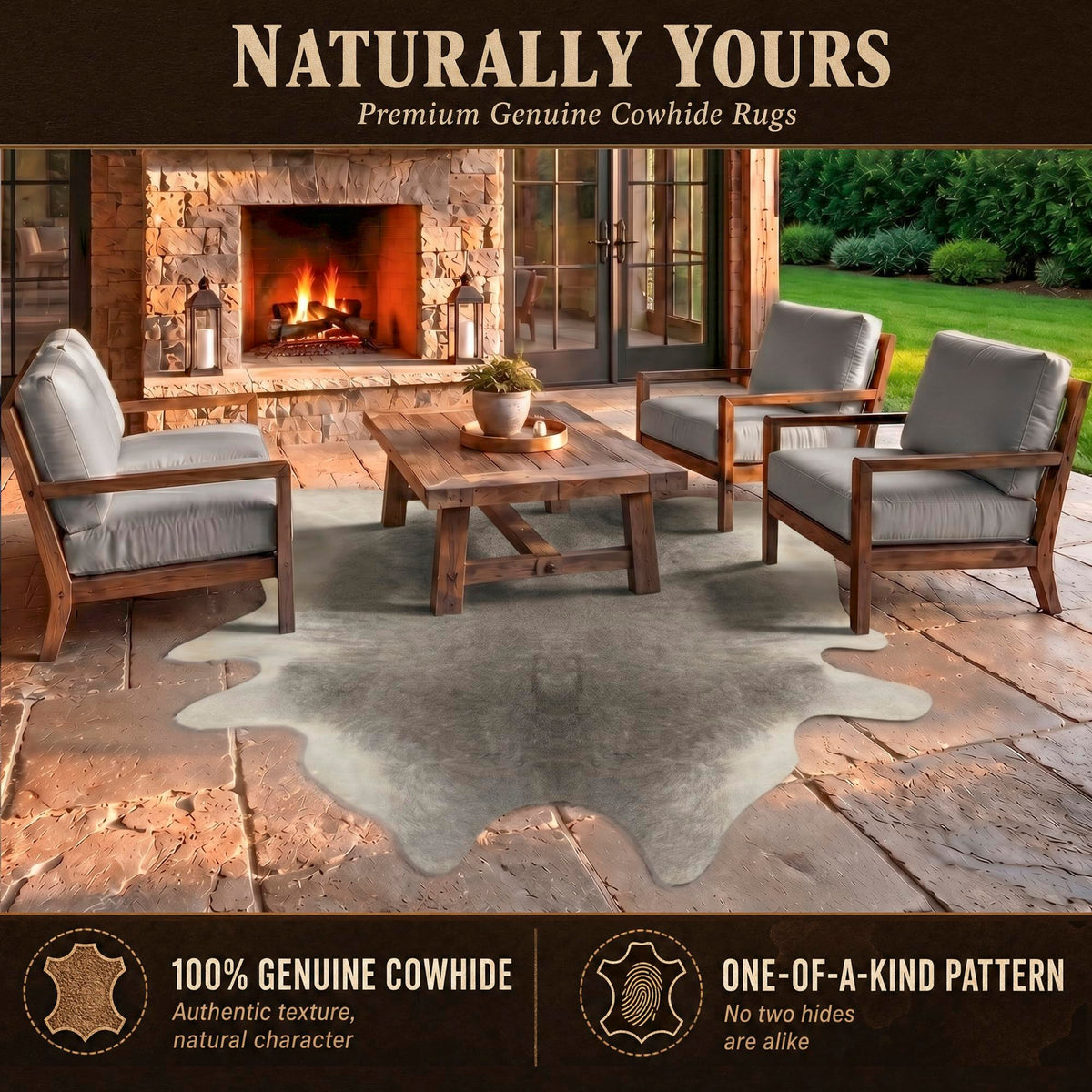 Natural Geneva Cowhide Area Rug, Off-White, 6 ft x 7 ft