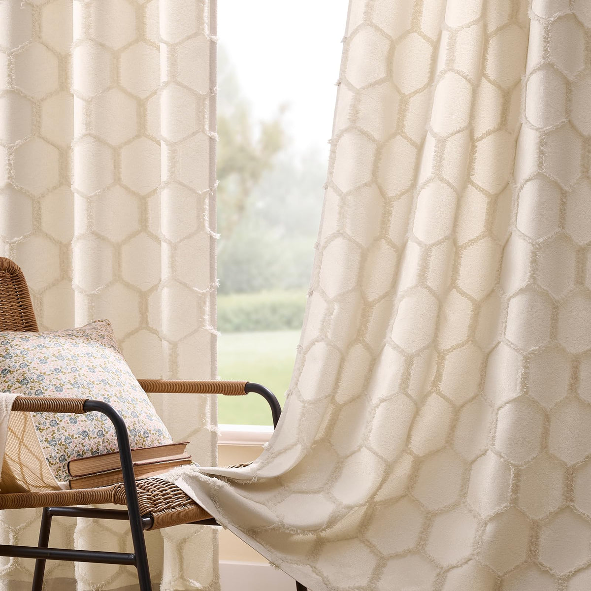 Cream Beige Geometric Jacquard Curtains, Set of Two
