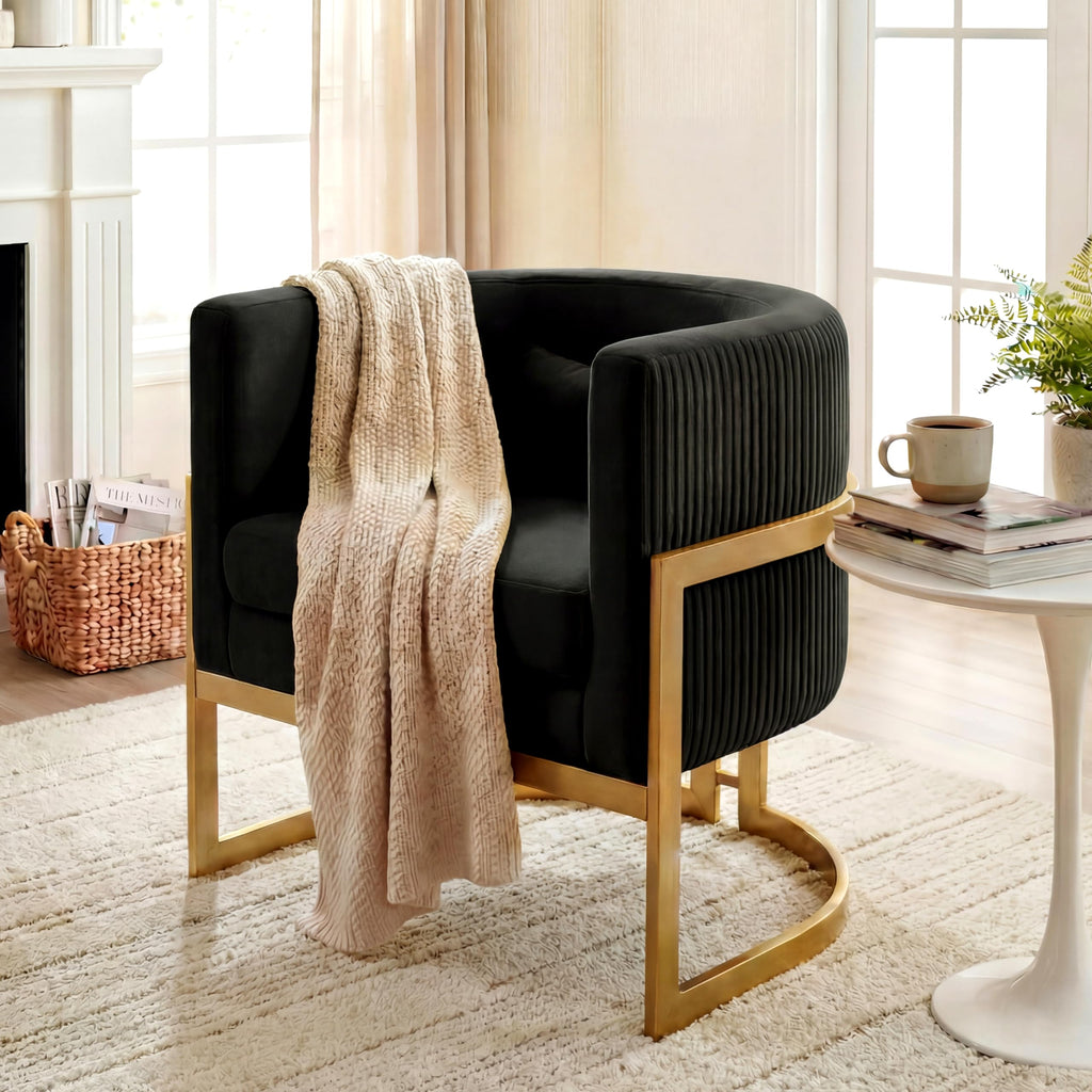 Velvet Accent Chair Ivory Modern Barrel Chair with Gold Legs