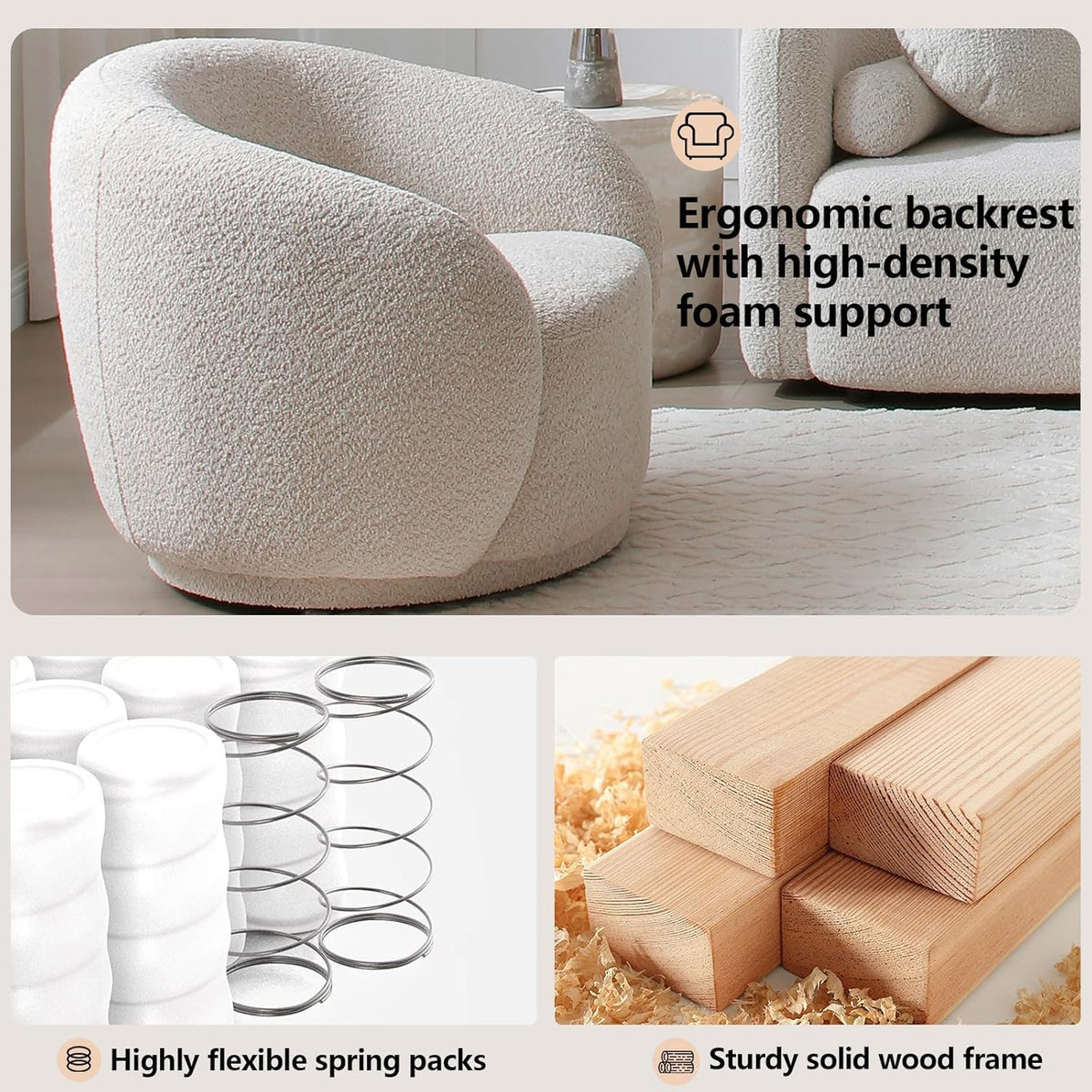 Oversized Boucle Accent Chair, Cream White Sherpa Wingback Chair