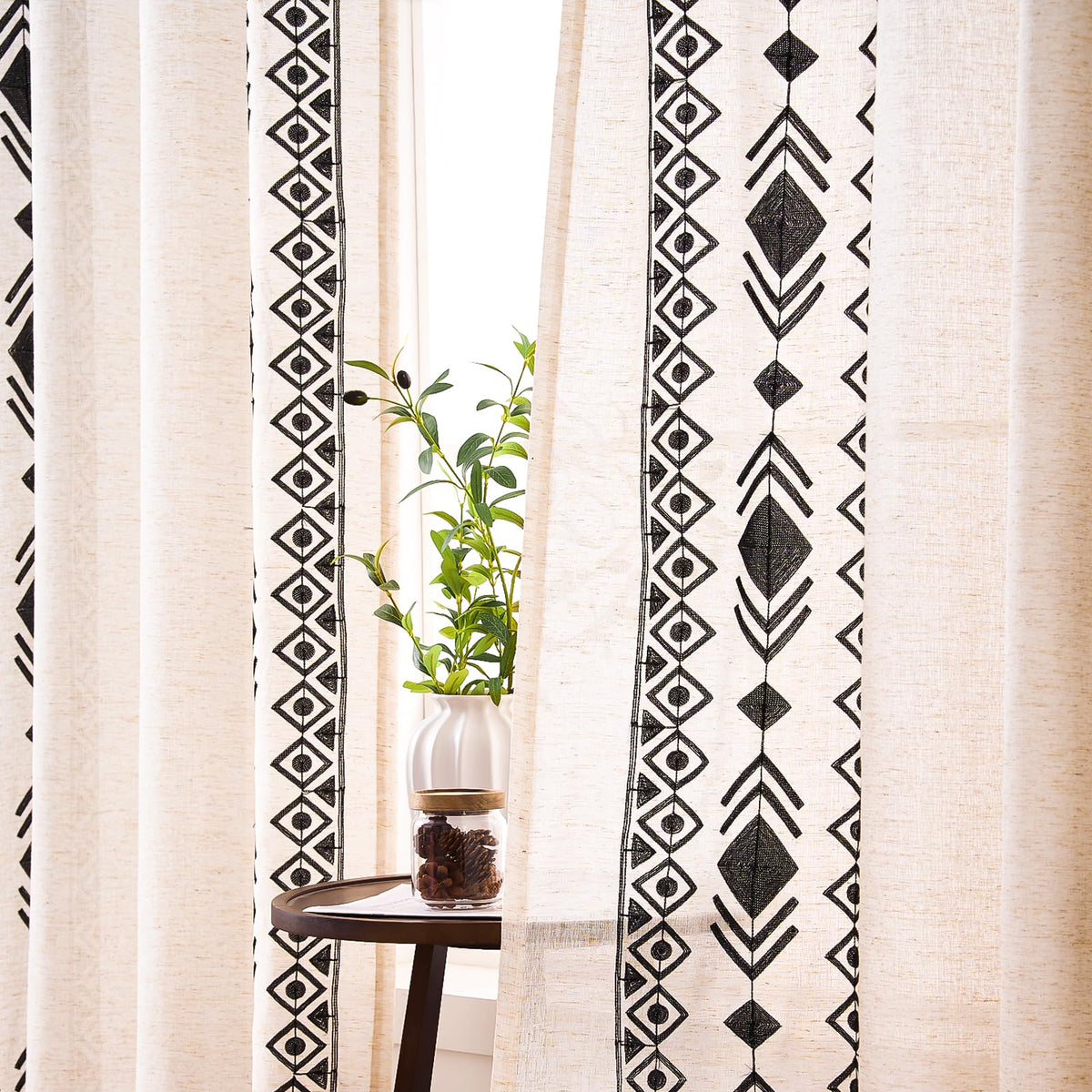 Beige Boho Linen-Texture Curtains, Set of Two