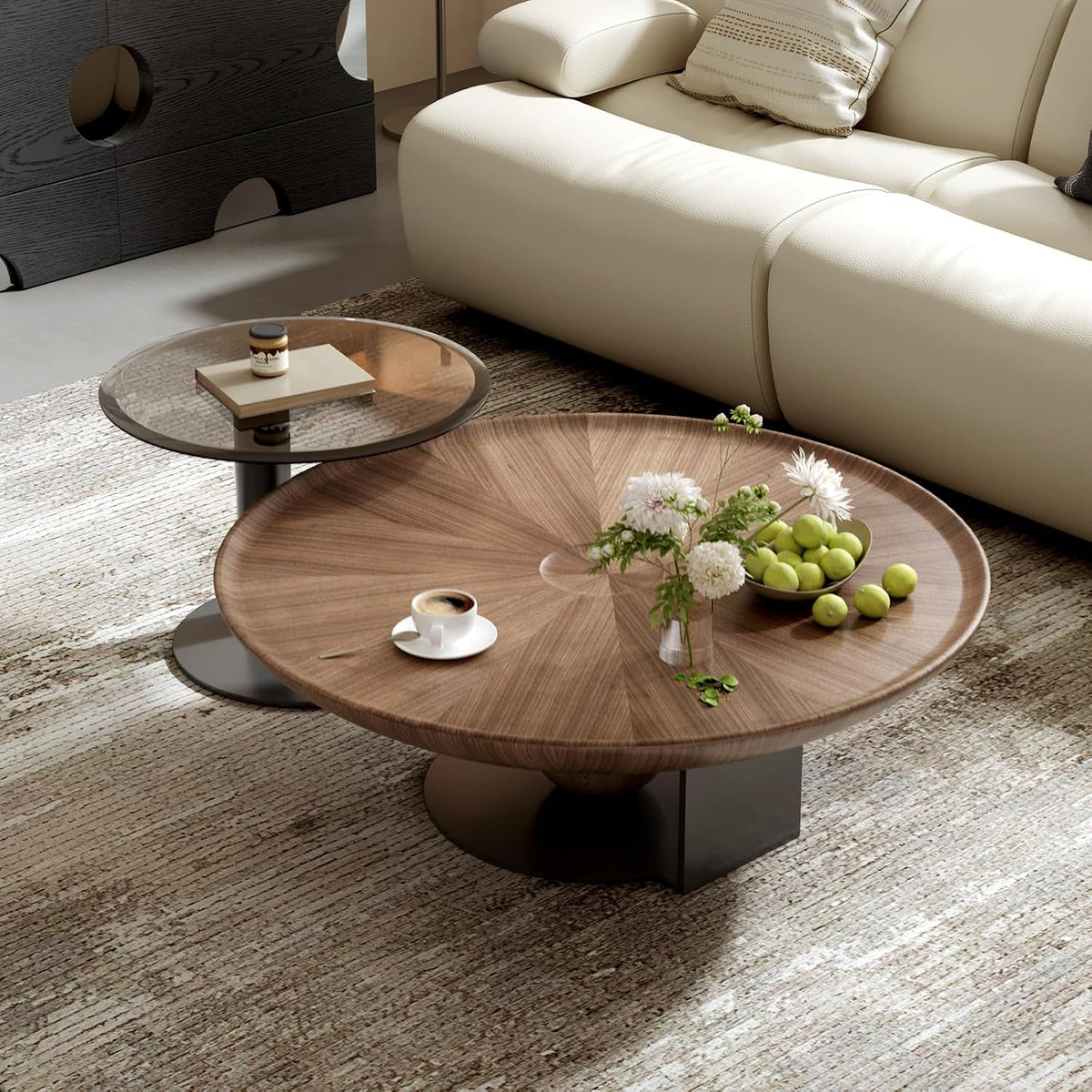 Walnut Nesting Coffee Table Set with Glass Side Table