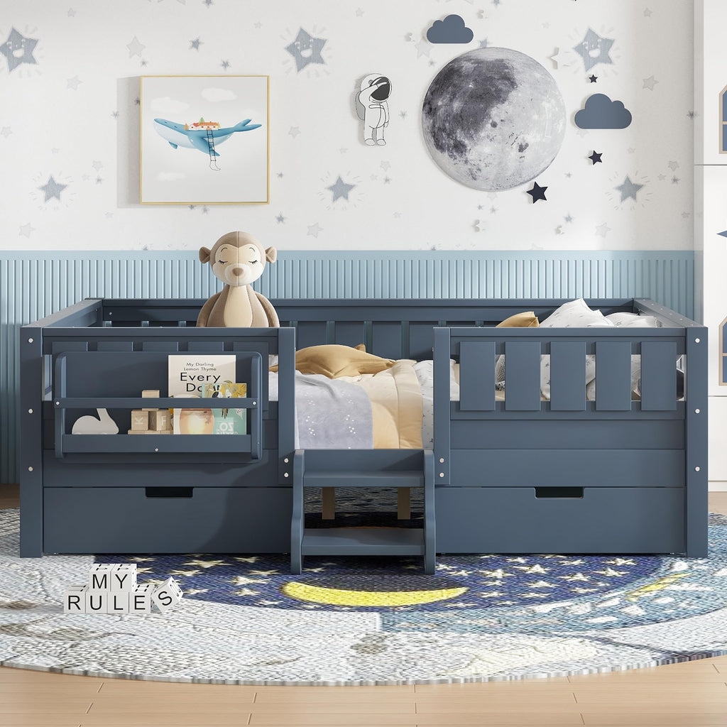 Montessori Bed with Stairs, Bookshelf & Storage Drawers