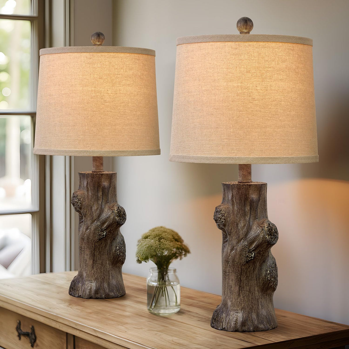 Rustic Tree-Trunk Table Lamp with Oatmeal Shade