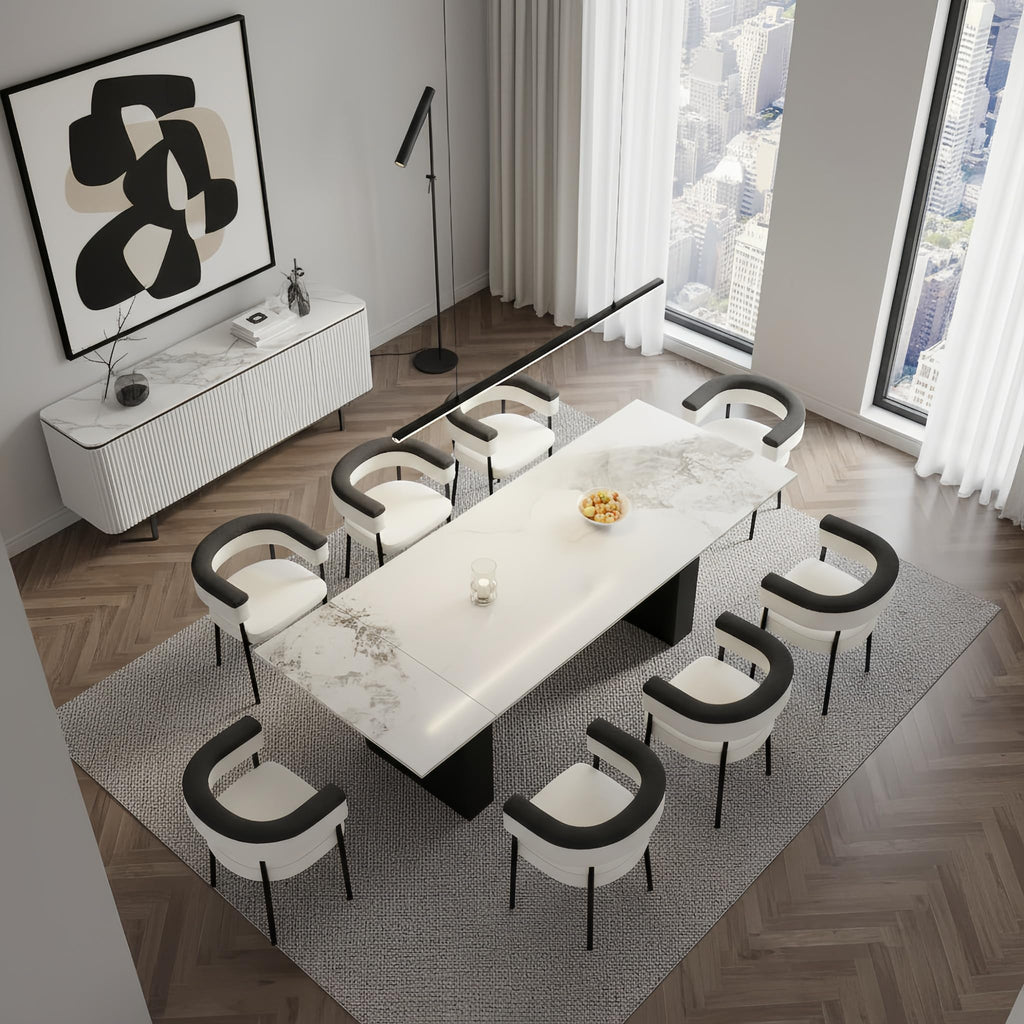 9 Piece Marble Expandable Table Set with 8 Comfy Dining Chairs