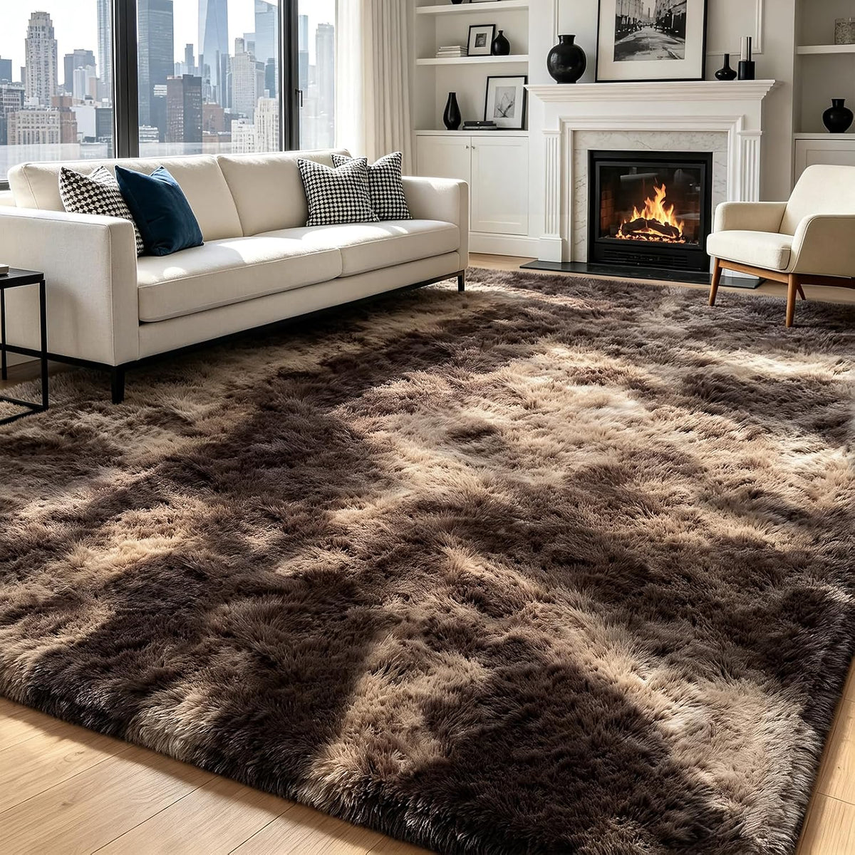 Mottled Beige 9x12 Area Rugs for Living Room, Fluffy Shag Rug Large Carpet
