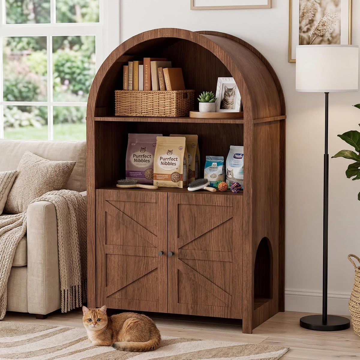 Cat Litter Box Enclosure Furniture with Doors and 2 Open Cubby Large Hidden Litter Box Cabinet Modern Wood Cat Washroom Pet House for Living Room Bedroom Entryway Hallway