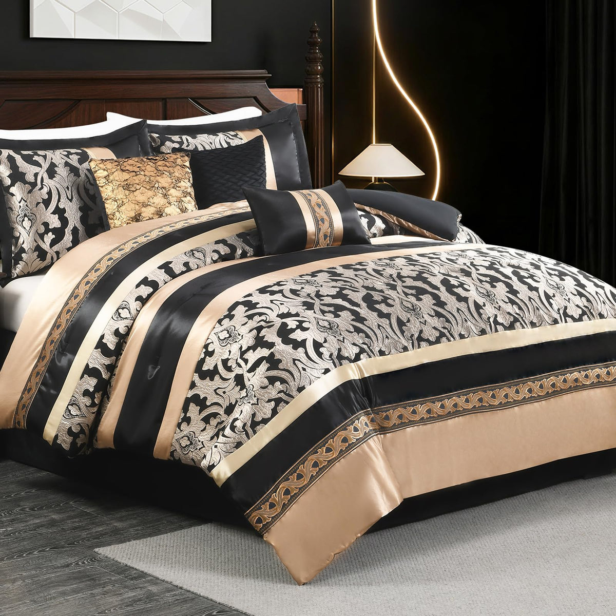 CozyDH Black Gold Jacquard Comforter Set California King, 7PCS Bed in a Bag