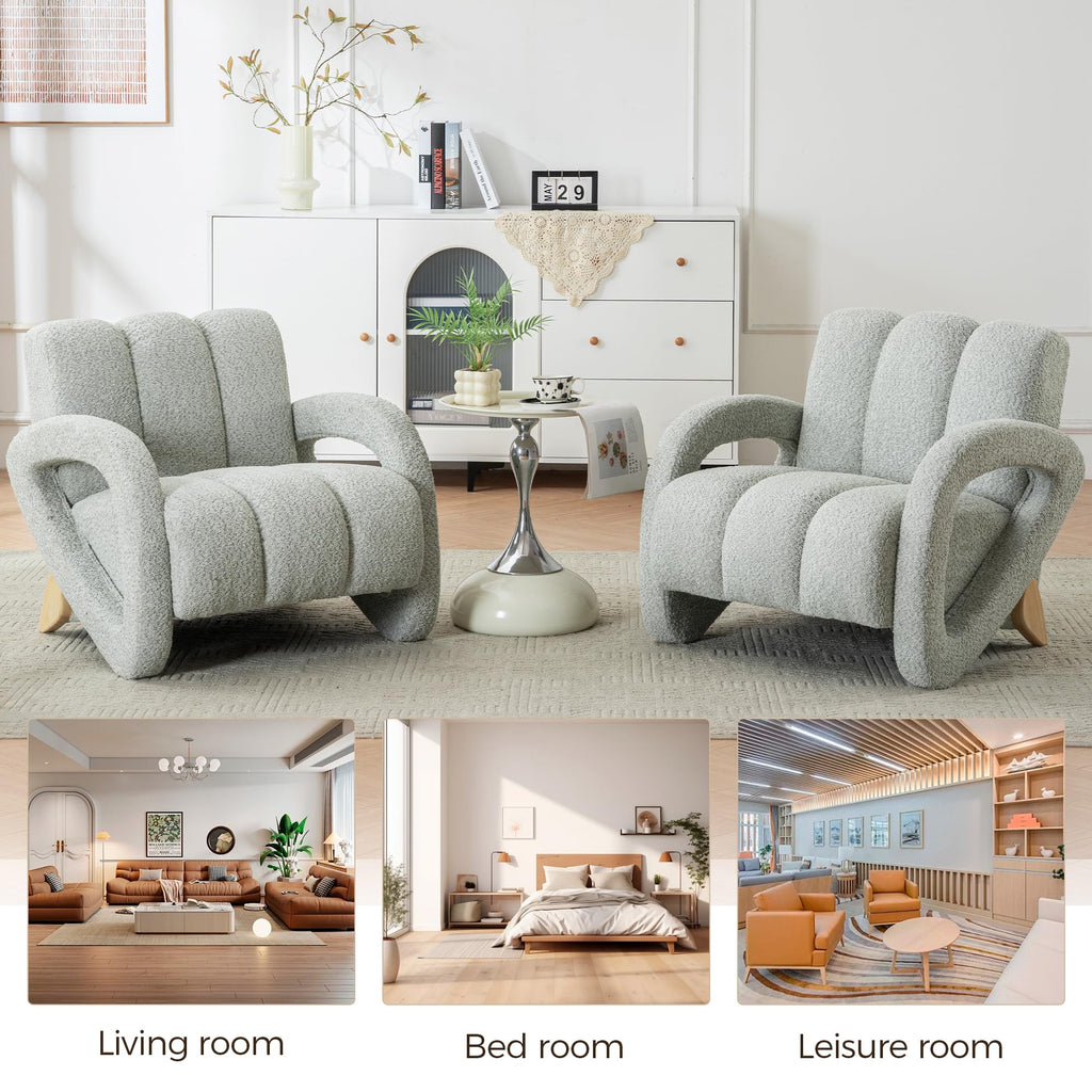 Mid Century Modern Accent Chair Set of 2 with Solid Wood Frame, Upholstered Living Room Chairs with Thick Cushion, Boucle Tufted Armchair for Bedroom, Reading Room, Ivory