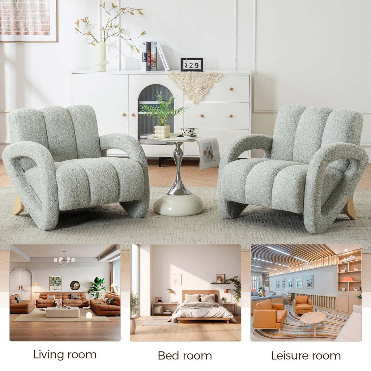 Mid Century Modern Accent Chair Set of 2 with Solid Wood Frame, Upholstered Living Room Chairs with Thick Cushion, Boucle Tufted Armchair for Bedroom, Reading Room, Ivory