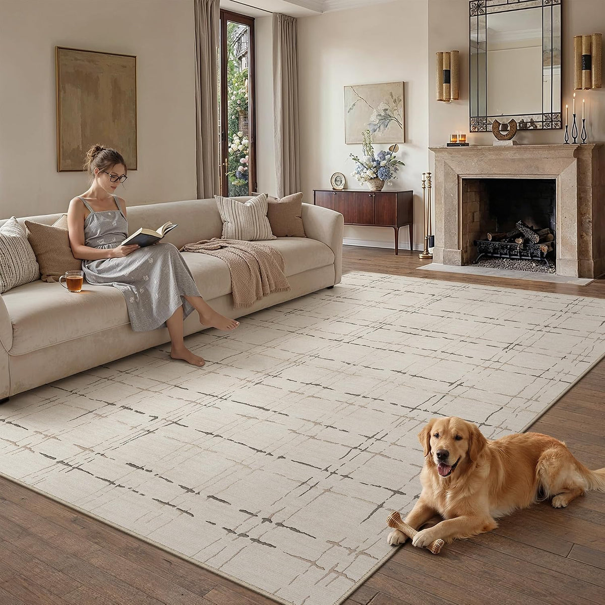 PureCozy 8x10 Beige Neutral Area Rug for Living Room Non Slip Carpet