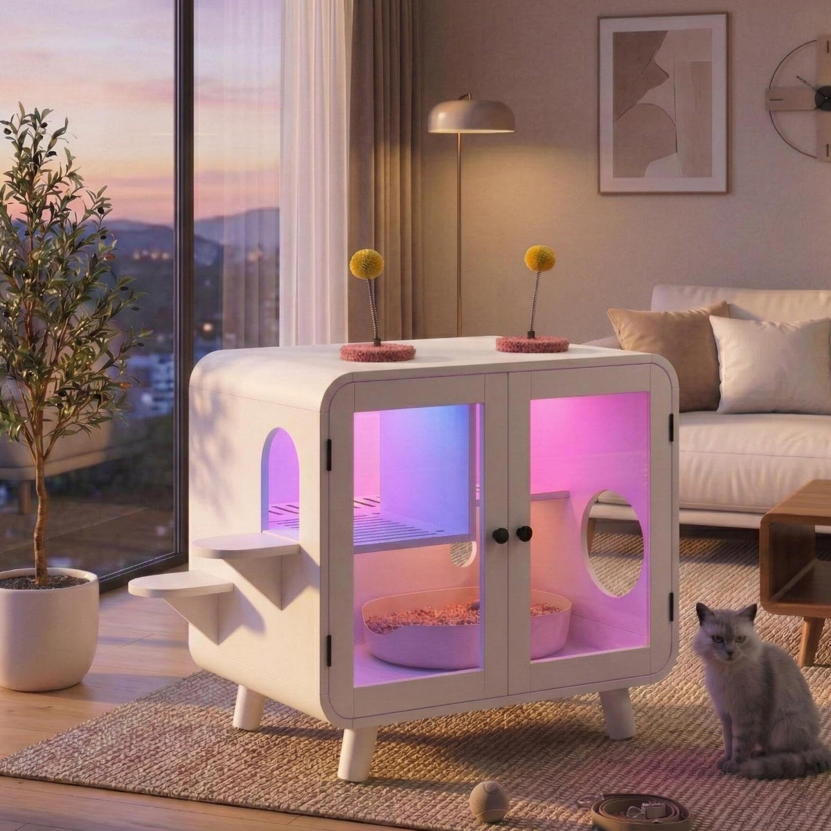 Cat Hidden Litter Box Enclosure with RGB LED Light, TV-Style Cat Litter Box Furniture Cabinet with Glass Doors, Side Stairs, Litter Leak Walkway & Pom-Pom Toys, Cat House Washroom, Beige