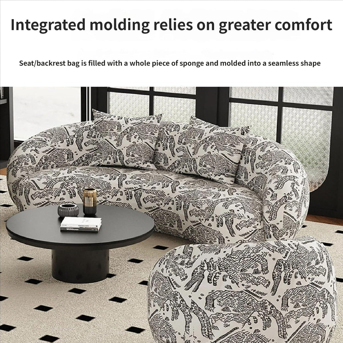 Mid-Century Modern Lounge Chair and Table Set, Tufted Fabric Sofa with Marble Tabletop for Hotel Lobby, Cafe, Reception(M)