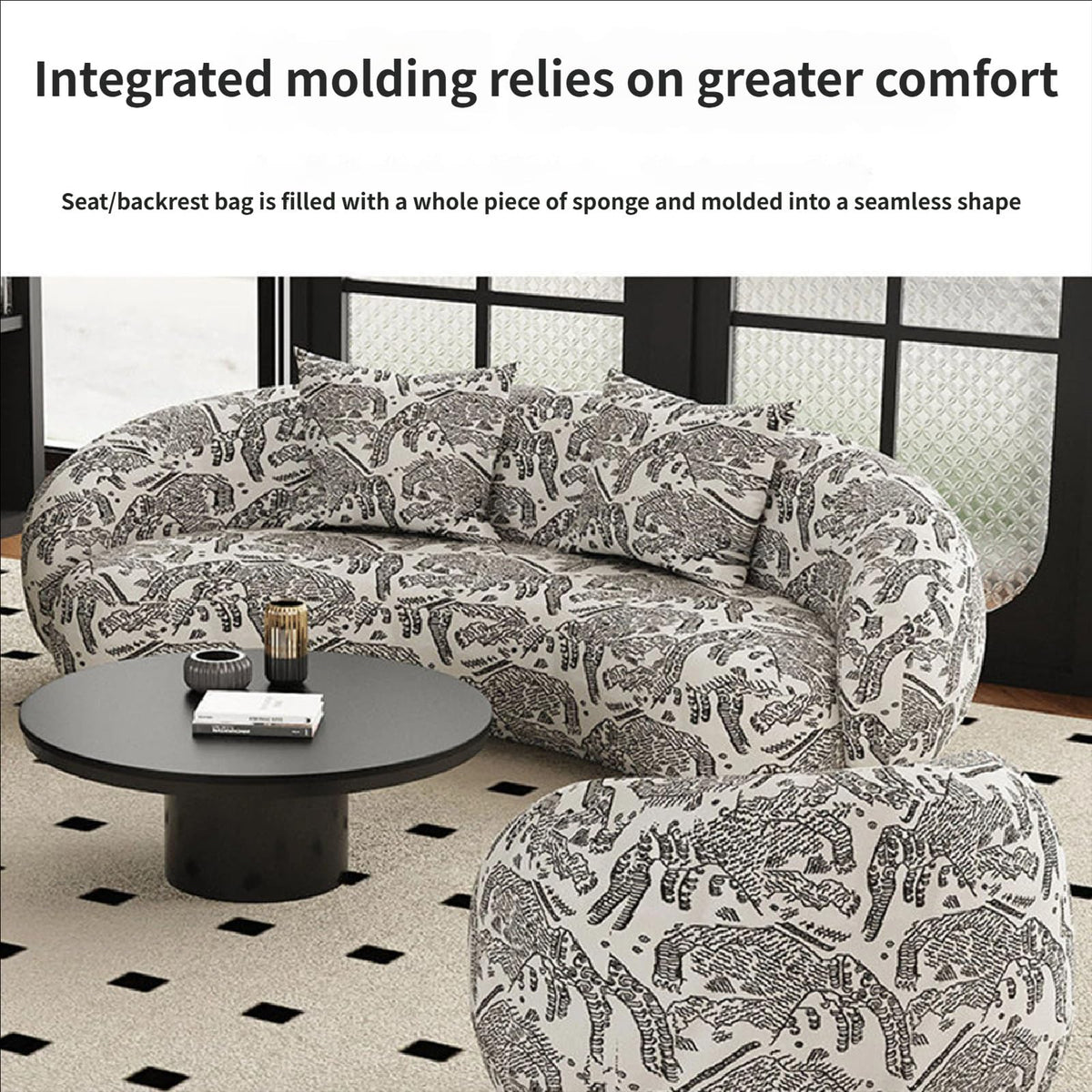 Mid-Century Modern Lounge Chair and Table Set, Tufted Fabric Sofa with Marble Tabletop for Hotel Lobby, Cafe, Reception(M)