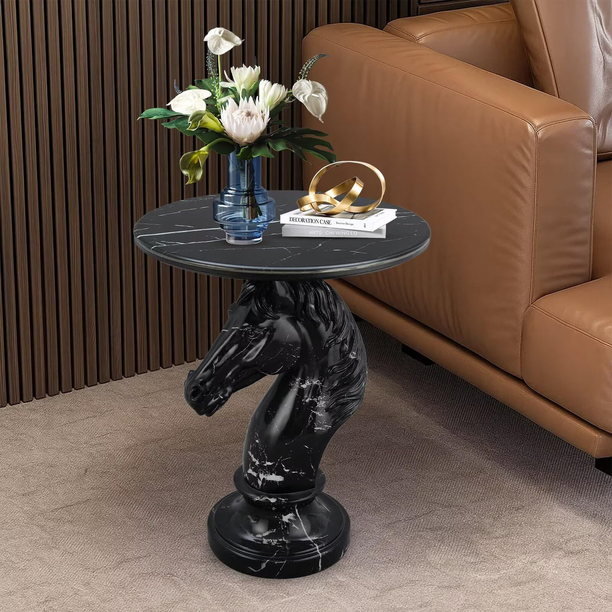 Modern End Table Living Room Black Horse Statue Base Faux Marble Night Stand 20"