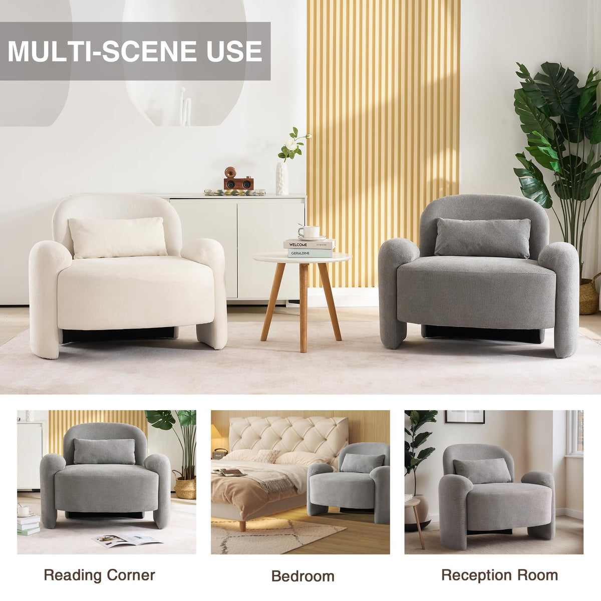 LOULENS Accent Chair Set of 2, Linen Fabric Lounge Armchair, Yellow