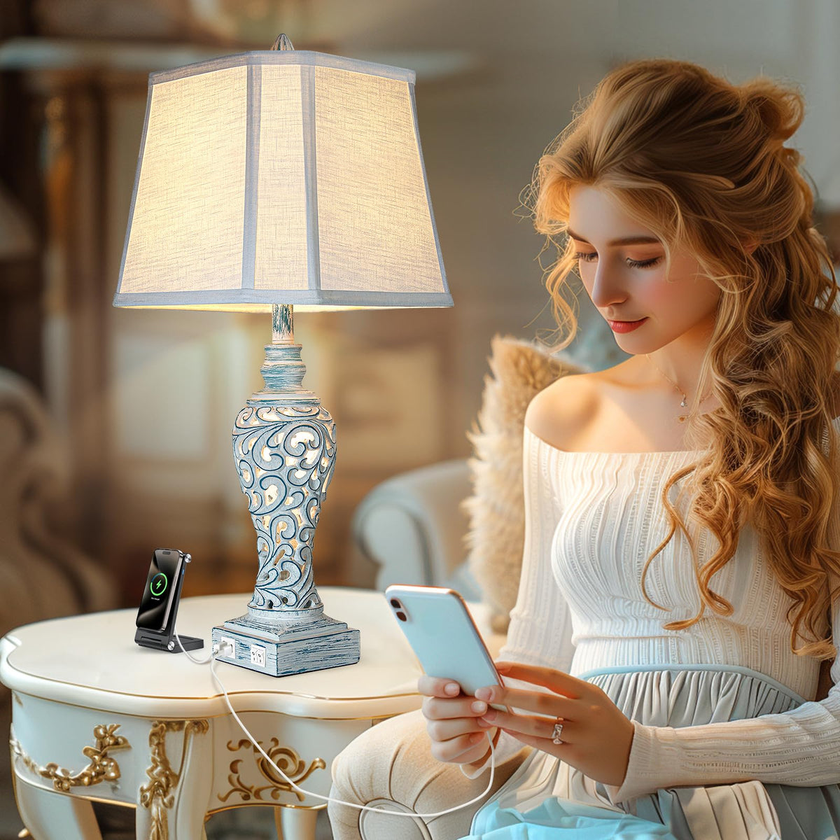 28.5" Farmhouse Table Lamp Set with Nightlights