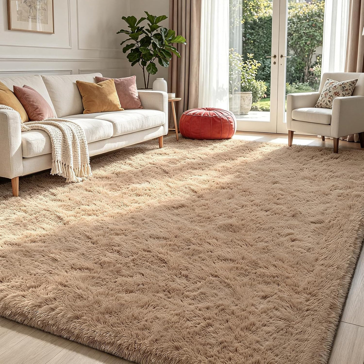 Mottled Beige 9x12 Area Rugs for Living Room, Fluffy Shag Rug Large Carpet