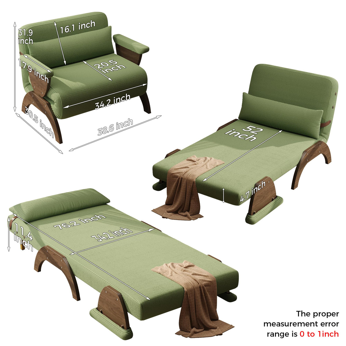 JASIWAY 47" 3-in-1 Convertible Sofa Sleeper Chair Bed for Adults, Futon