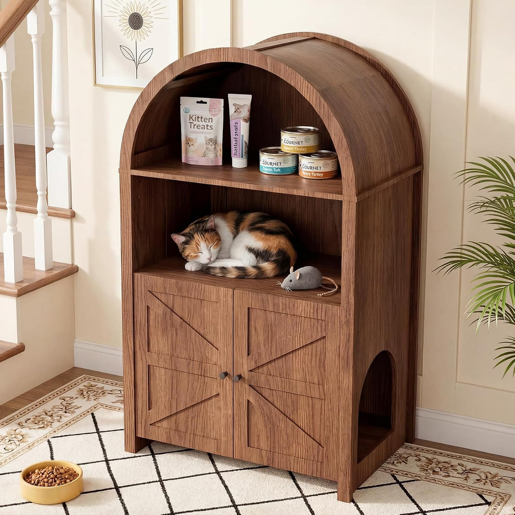 Cat Litter Box Enclosure Furniture with Doors and 2 Open Cubby Large Hidden Litter Box Cabinet Modern Wood Cat Washroom Pet House for Living Room Bedroom Entryway Hallway