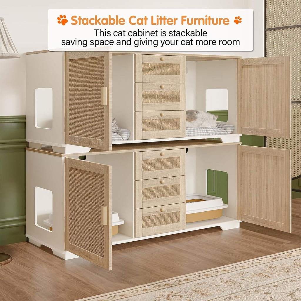 Cat Litter Box Enclosure Furniture Hidden Indoor 2-in-1 Wooden Cat & Washroom Cabinet with Scratching Board Doors and 3 Drawer for 2 Cats, 55"x20"x24"H