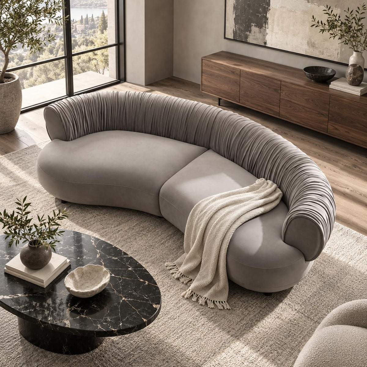 102.36" Curved Sectional Sofa, Gray Velvet 4-Seat Couch