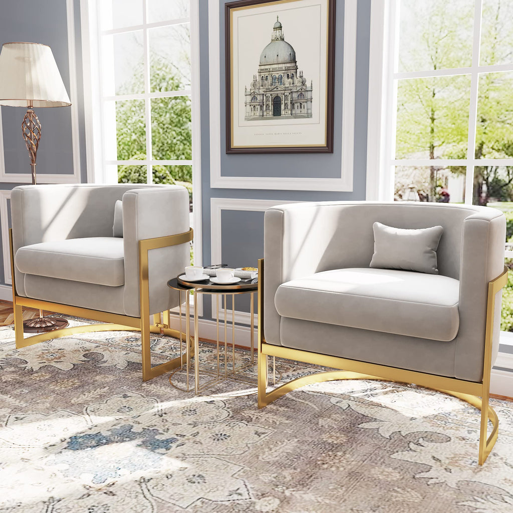Velvet Accent Chair Ivory Modern Barrel Chair with Gold Legs