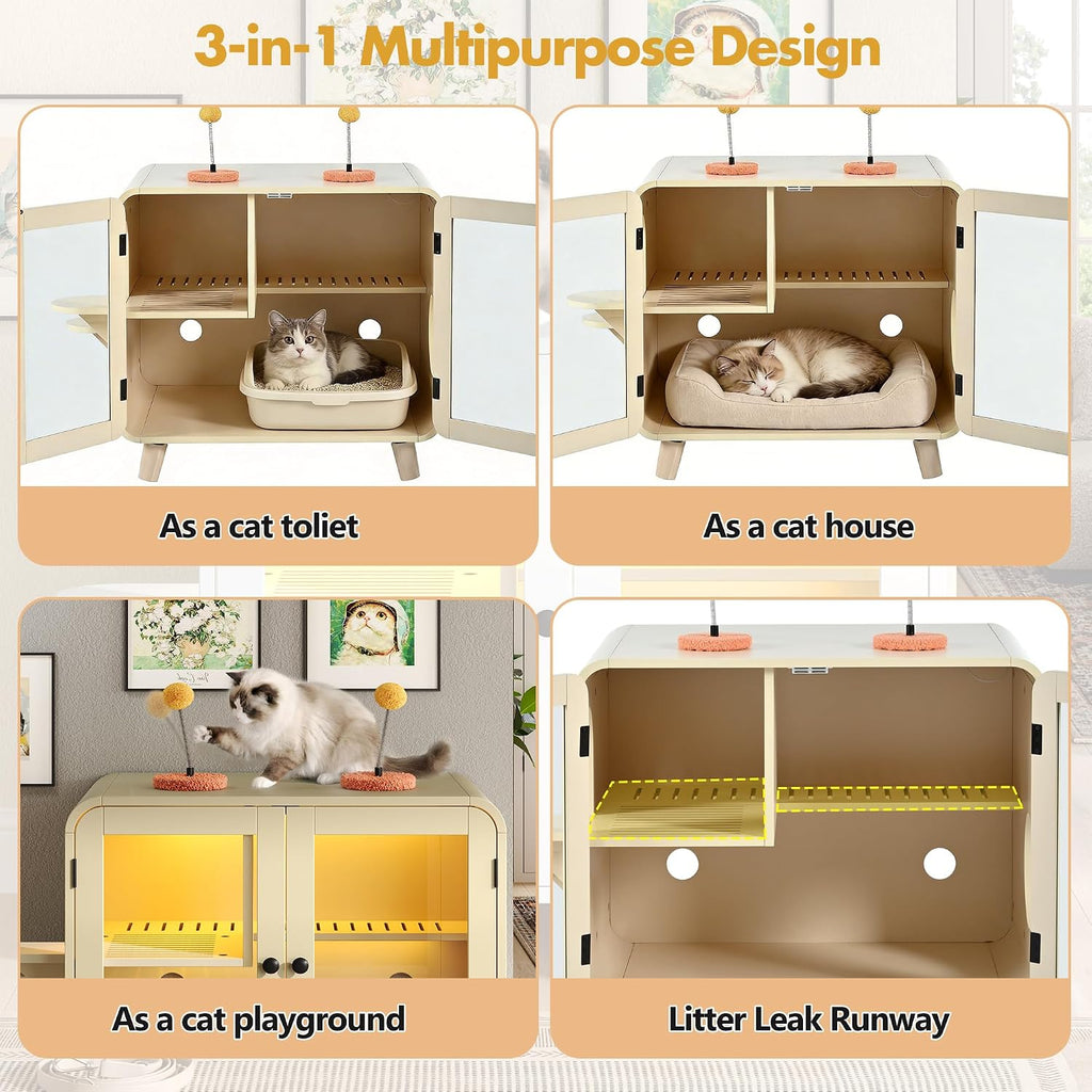 Cat Hidden Litter Box Enclosure with RGB LED Light, TV-Style Cat Litter Box Furniture Cabinet with Glass Doors, Side Stairs, Litter Leak Walkway & Pom-Pom Toys, Cat House Washroom, Beige