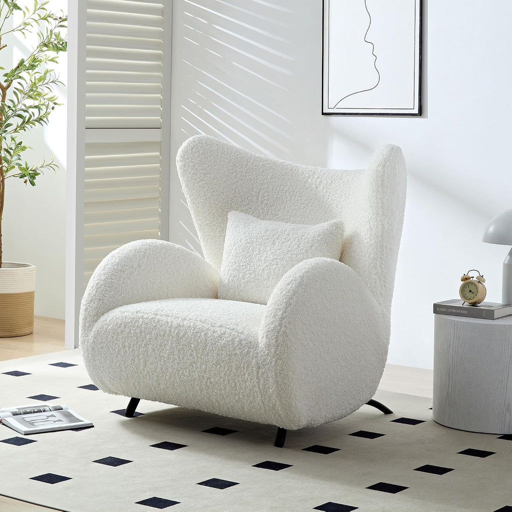 Oversized Boucle Accent Chair, Cream White Sherpa Wingback Chair