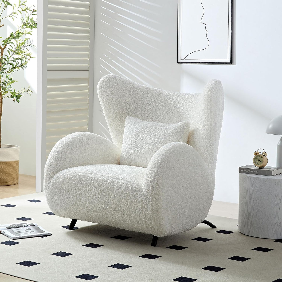 Oversized Boucle Accent Chair, Cream White Sherpa Wingback Chair